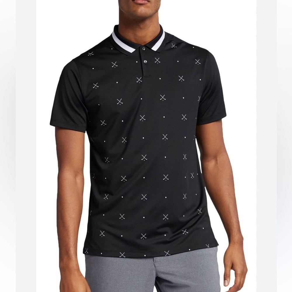 Nike Golf Dri-Fit Polo Shirt Black White Golf Club Print Design Sz XL